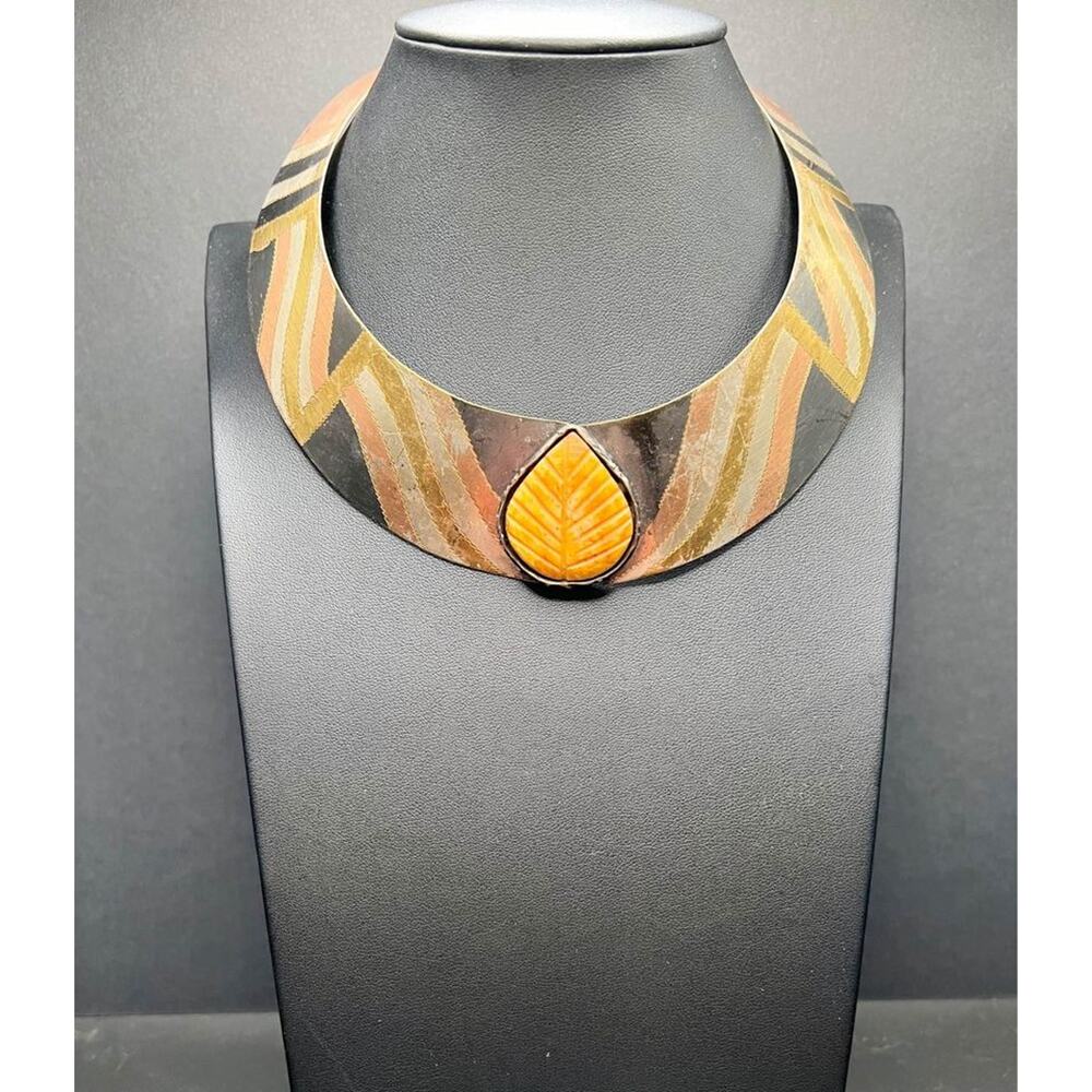 Vintage Mixed Metal Tribal Collar Necklace with Leaf Detail
